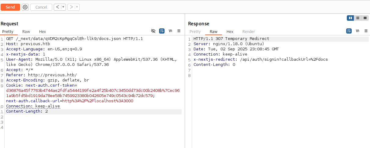 Burp Suite showing 307 redirect to login page
